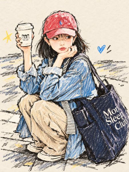 Crayon illustration of a young woman in a red cap and denim jacket squatting on a sidewalk with a coffee cup and a navy tote bag, colored only in the cap, jacket and bag