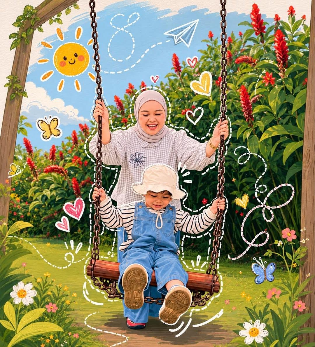Storybook illustration of a mother in a hijab pushing a toddler in a sun hat and denim overalls on a wooden swing, surrounded by red tropical flowers, a smiling sun, butterflies, hearts and white doodle outlines